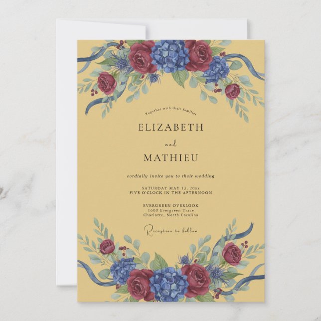 Invitation Mariage à l'arche florale bleue de Bourgogne (Devant)