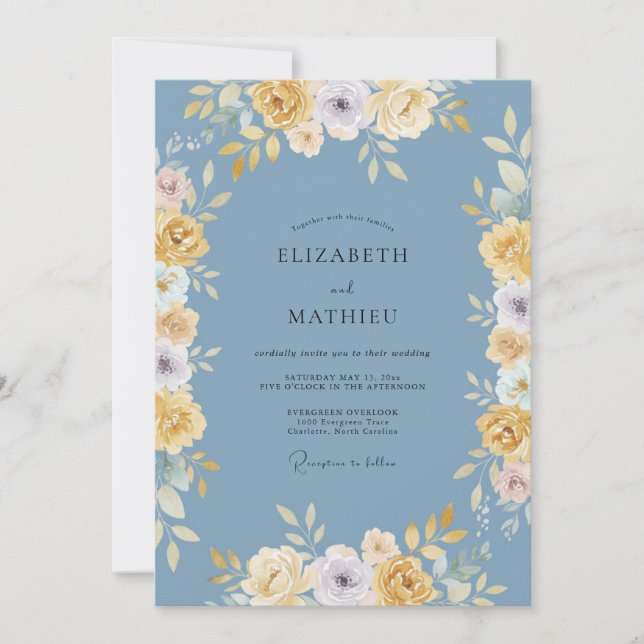 Invitation Mariage à l'arche florale bleue jaune (Devant)