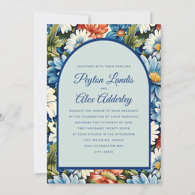 Invitation Mariage à l'arche florale bleue orange (Devant)