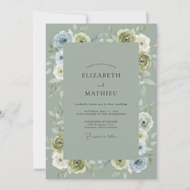 Invitation Mariage à l'arche florale bleue verte (Devant)