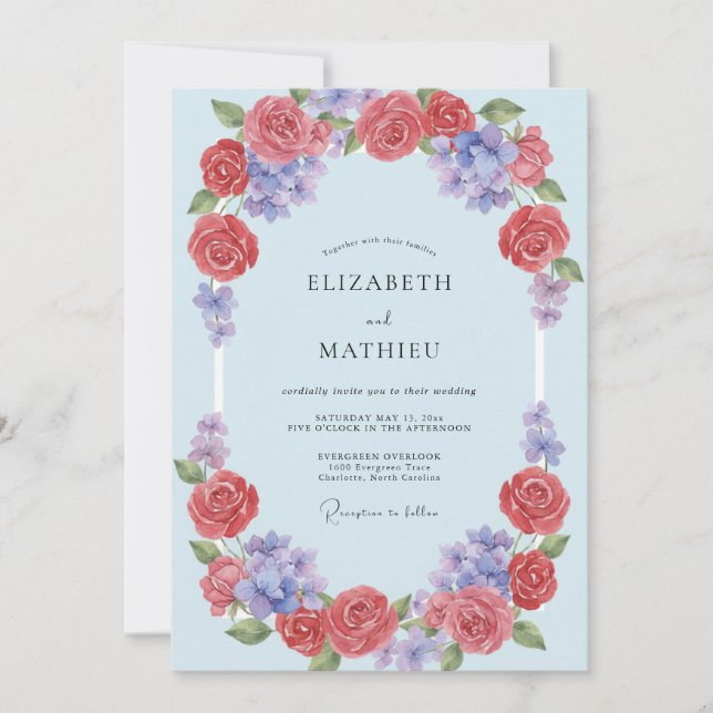 Invitation Mariage à l'arche florale de corail bleu (Devant)