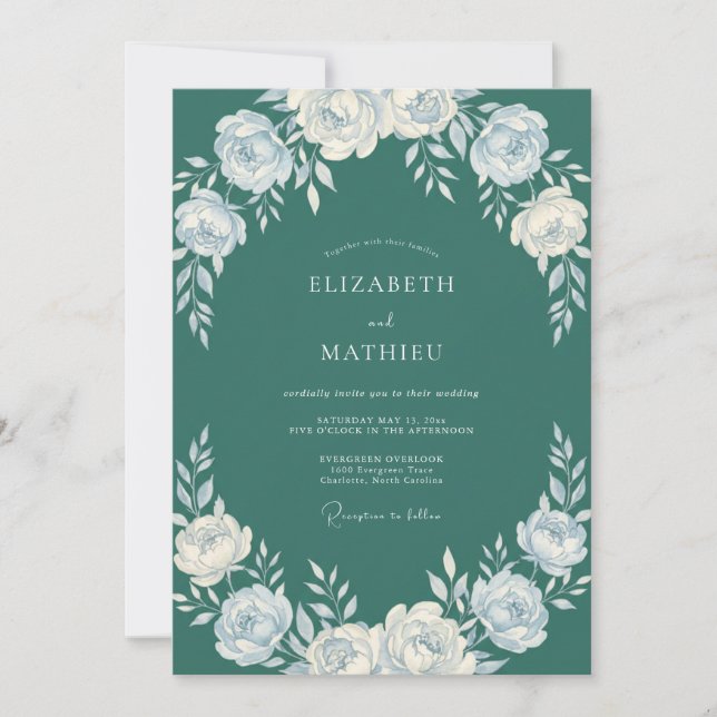 Invitation Mariage à l'arche florale délicate sarcelle (Devant)