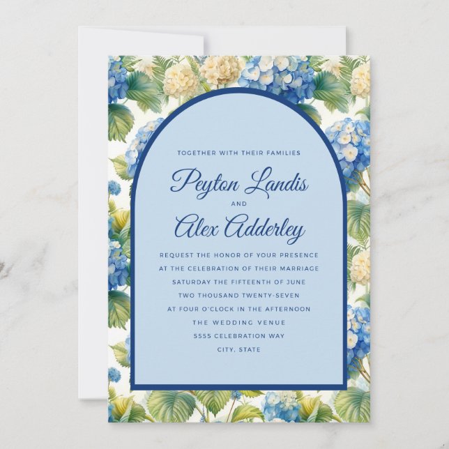 Invitation Mariage à l'arche florale d'hortensias bleus (Devant)