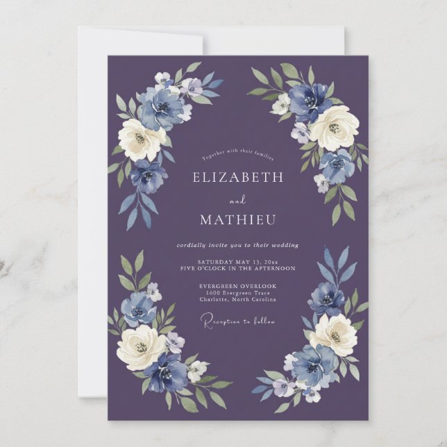 Invitation Mariage à l'arche florale indigo (Devant)