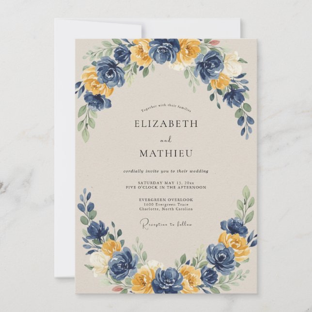 Invitation Mariage à l'arche florale or et marine (Devant)
