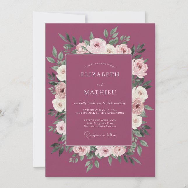 Invitation Mariage à l'arche florale romantique prune (Devant)