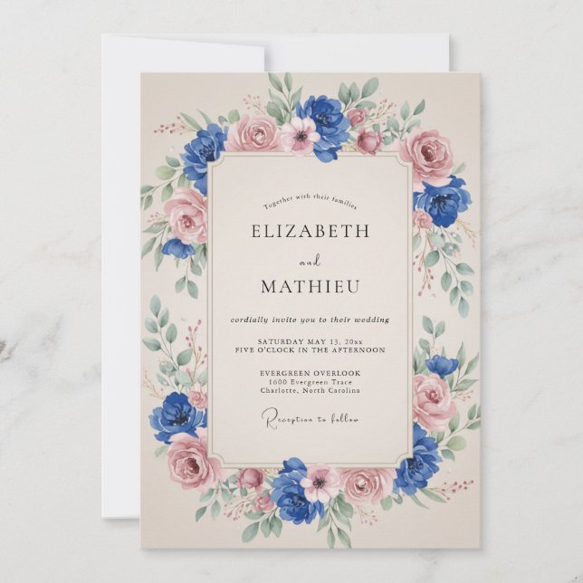 Invitation Mariage à l'arche florale rose bleu (Devant)