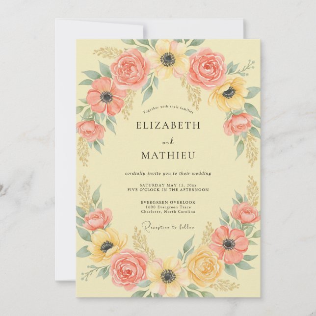Invitation Mariage à l'arche florale rose corail (Devant)