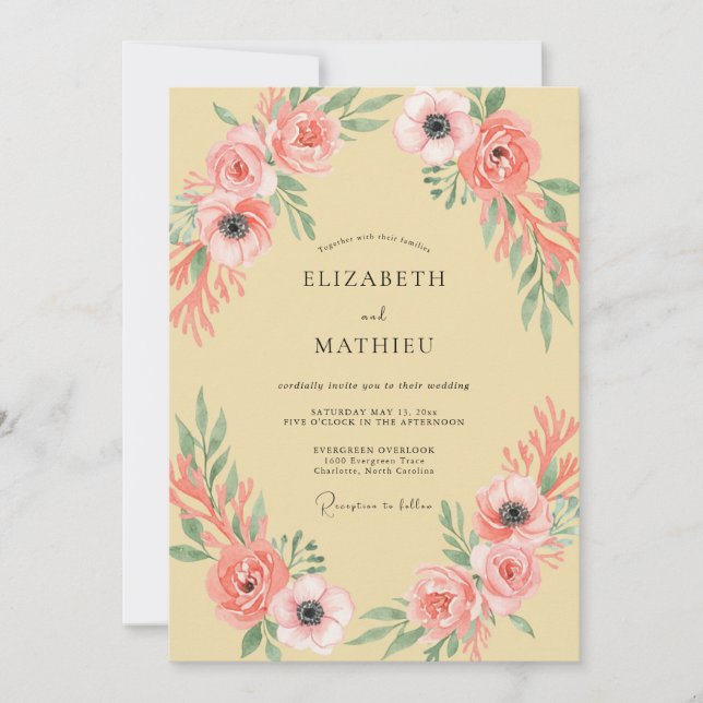 Invitation Mariage à l'arche florale rose corail (Devant)