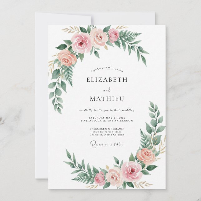 Invitation Mariage à l'arche florale rose tendre (Devant)