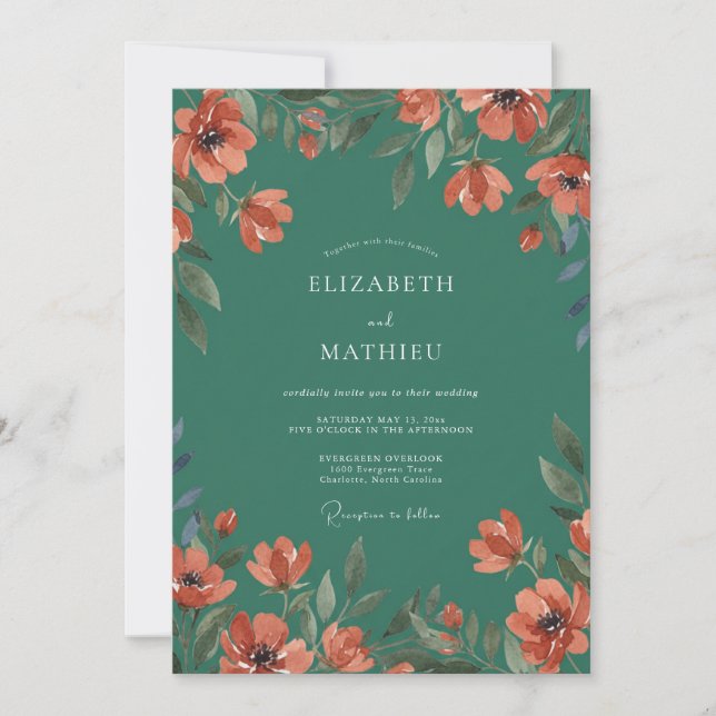 Invitation Mariage à l'arche florale sarcelle profonde (Devant)