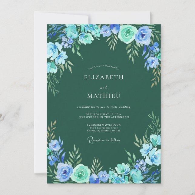 Invitation Mariage à l'arche florale verdoyante bleue (Devant)