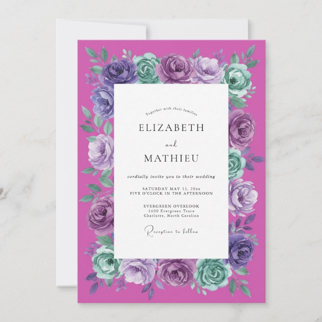 Invitation Mariage à l'arche florale verte et violette (Devant)