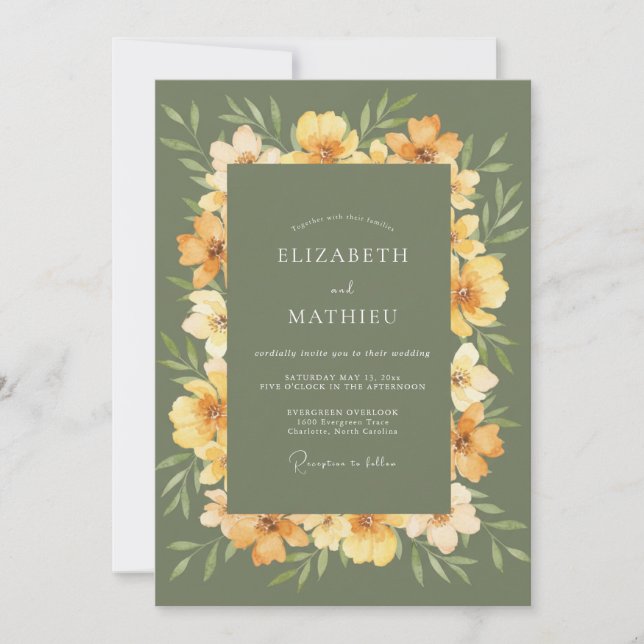 Invitation Mariage à l'arche florale verte olive peintre (Devant)