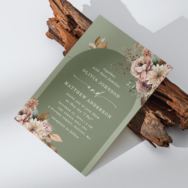 Invitation Mariage à l'arche vert olive assourdi | Bohème Sau (Créateur téléchargé)