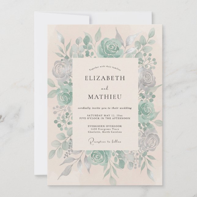 Invitation Mariage à l'art floral sarcelle (Devant)