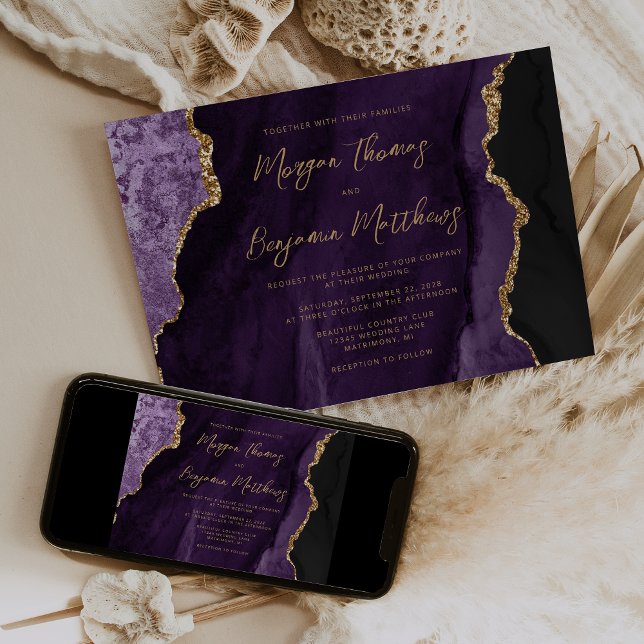 Invitation Mariage à l'écriture Agate Or Violet (Créateur téléchargé)