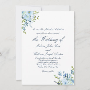 Invitation Mariage à l'écriture botanique bleue aquarelle fan