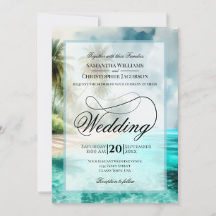 Invitation Mariage à l'écriture fantaisie aquarelle de plage 