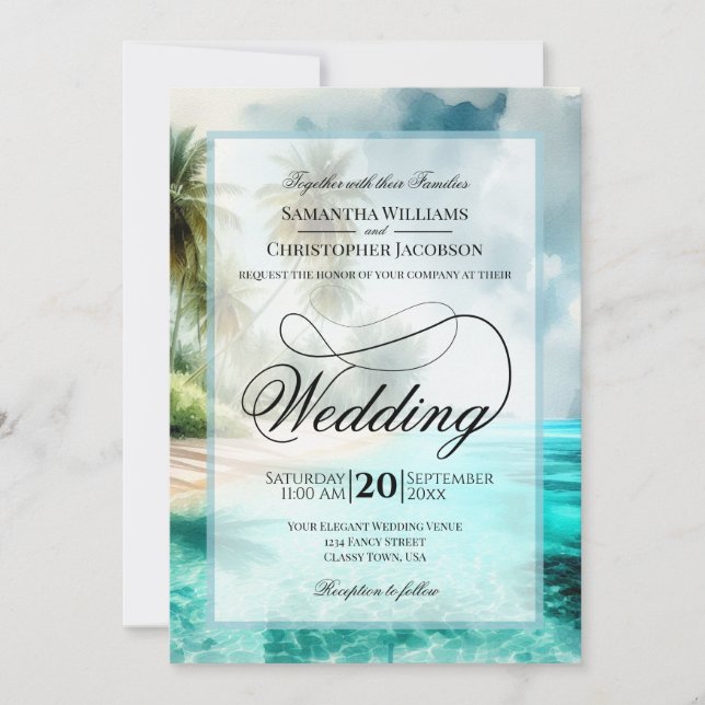 Invitation Mariage à l'écriture fantaisie aquarelle de plage  (Devant)