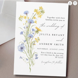 Invitation Mariage à l'écriture florale bleue et jaune
