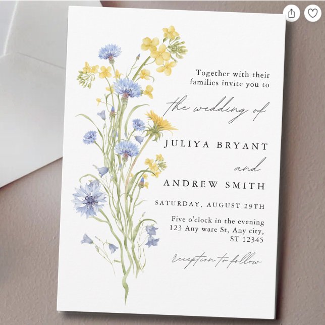 Invitation Mariage à l'écriture florale bleue et jaune  (Créateur téléchargé)