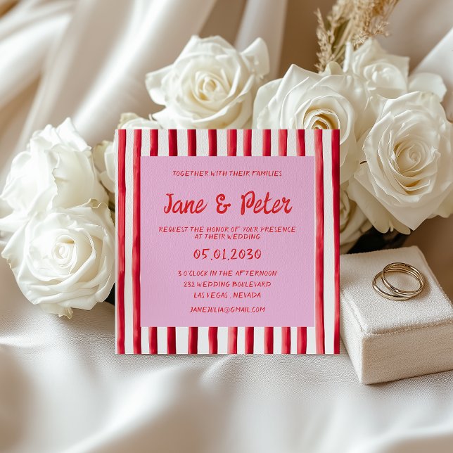 Invitation Mariage à l'écriture manuscrite rose et rouge rayé (Créateur téléchargé)