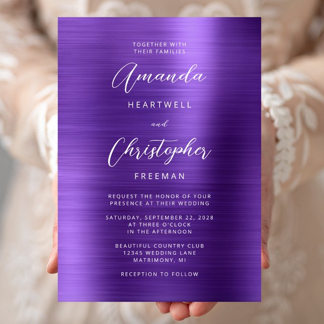Invitation Mariage à l'écriture métallique brossée violette (Créateur téléchargé)