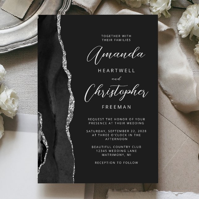 Invitation Mariage à l'écriture moderne Agate Argent Noir (Créateur téléchargé)