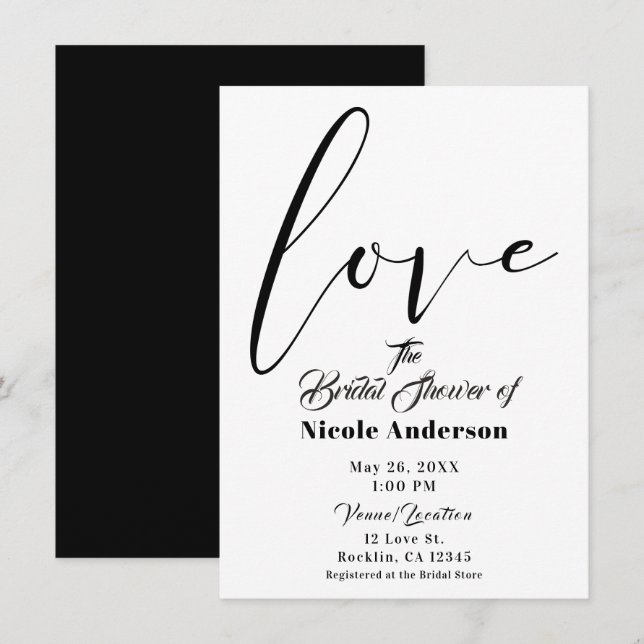 Invitation Mariage à l'écriture moderne Amour noir et blanc (Devant / Derrière)