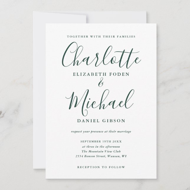 Invitation Mariage à l'écriture signature vert émeraude (Devant)