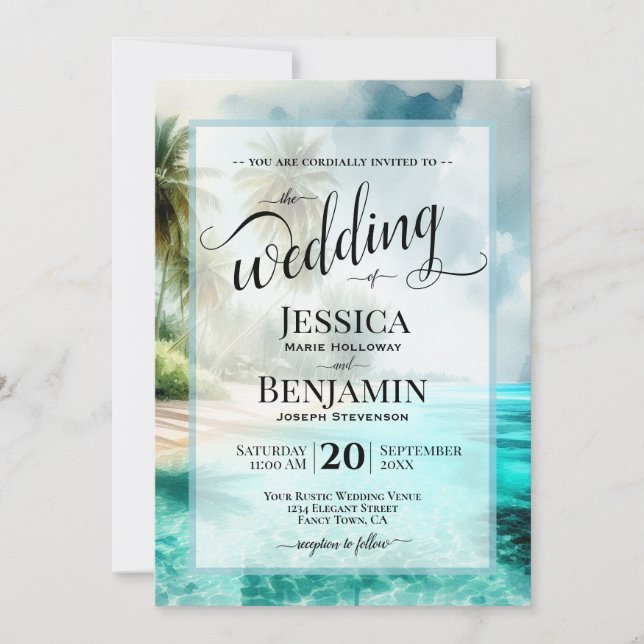 Invitation Mariage à l'écriture stylée aquarelle de plage tro (Devant)
