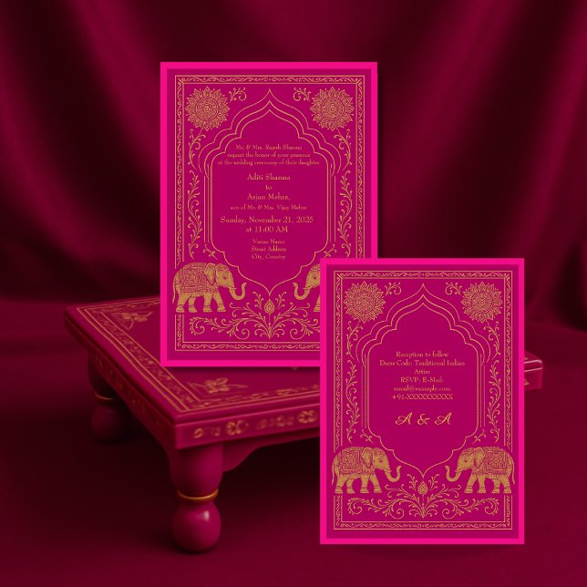 Invitation mariage à l'éléphant en mandala hindou or rose arc (Créateur téléchargé)