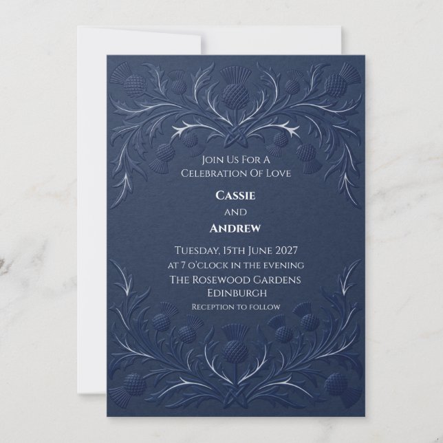 Invitation Mariage à l'emblème de chardon écossais bleu marin (Devant)