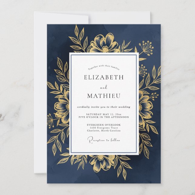 Invitation Mariage à l'emblème floral or et marine (Devant)