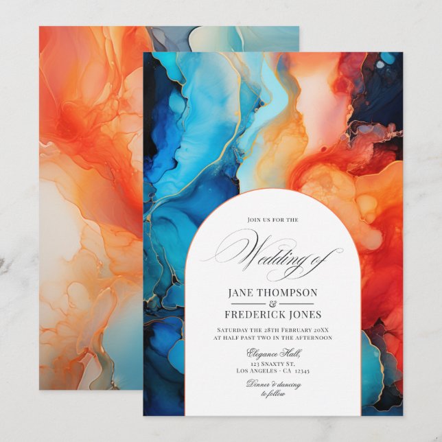 Invitation Mariage à l'encre alcoolique Bleu Royal, Turquoise (Devant / Derrière)