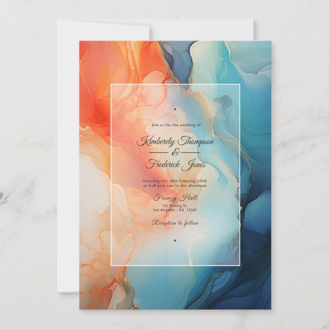 Invitation Mariage à l'encre alcoolique Bleu Royal, Turquoise (Devant)