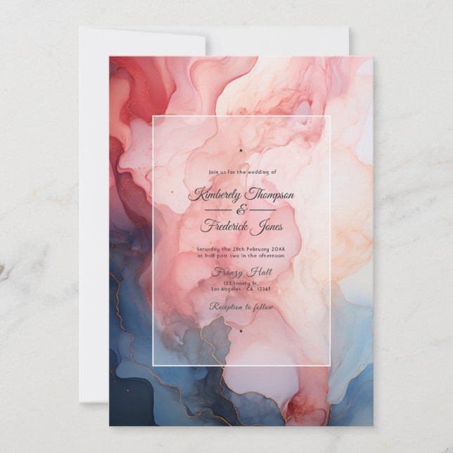 Invitation Mariage à l'encre alcoolique Navy et Bourgogne (Devant)