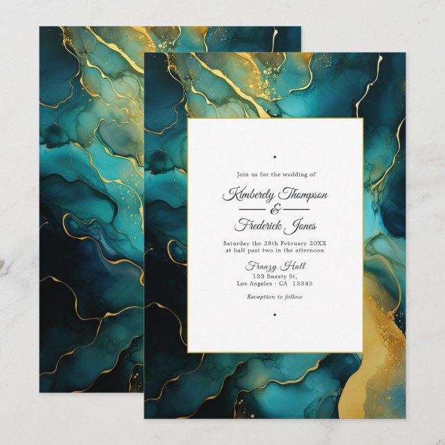 Invitation Mariage à l'encre alcoolique sarcelle et or (Devant / Derrière)