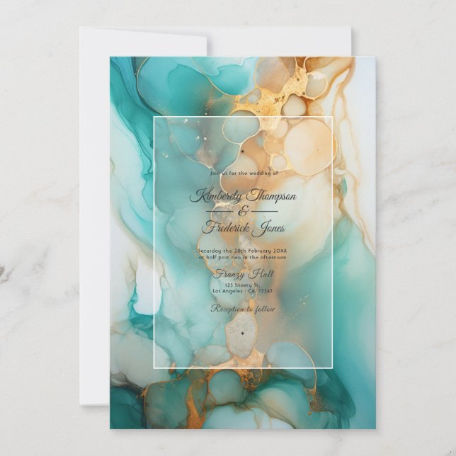 Invitation Mariage à l'encre alcoolique Turquoise et Patine (Devant)