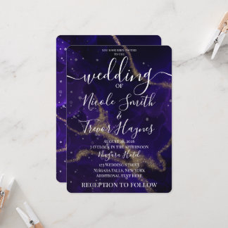 Invitation Mariage à l'encre alcoolique Veine Or Violet Perso