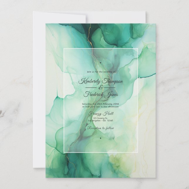 Invitation Mariage à l'encre alcoolique verte et ivoire (Devant)