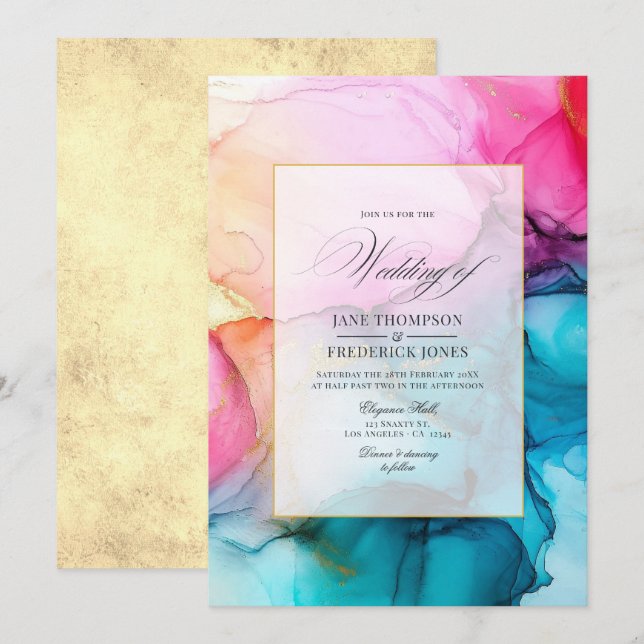 Invitation Mariage à l'encre alcoolisée rose vif, bleu et or (Devant / Derrière)
