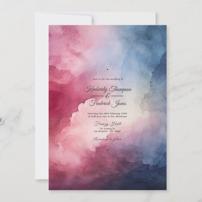 Invitation Mariage à l'encre aquarelle Bourgogne et marine (Devant)