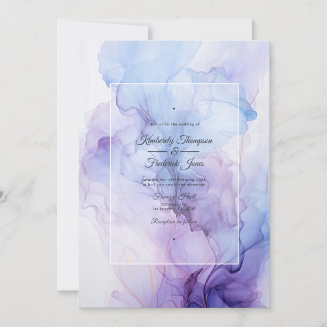 Invitation Mariage à l'encre argent, bleu glacé et lilas (Devant)
