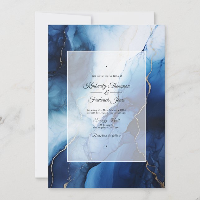 Invitation Mariage à l'encre bleu foncé, argent et blanc (Devant)