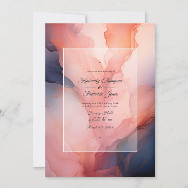 Invitation Mariage à l'encre bleu marine et rose (Devant)