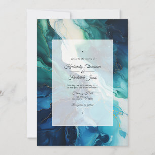 Invitation Mariage à l'encre bleue marine, vert émeraude et a