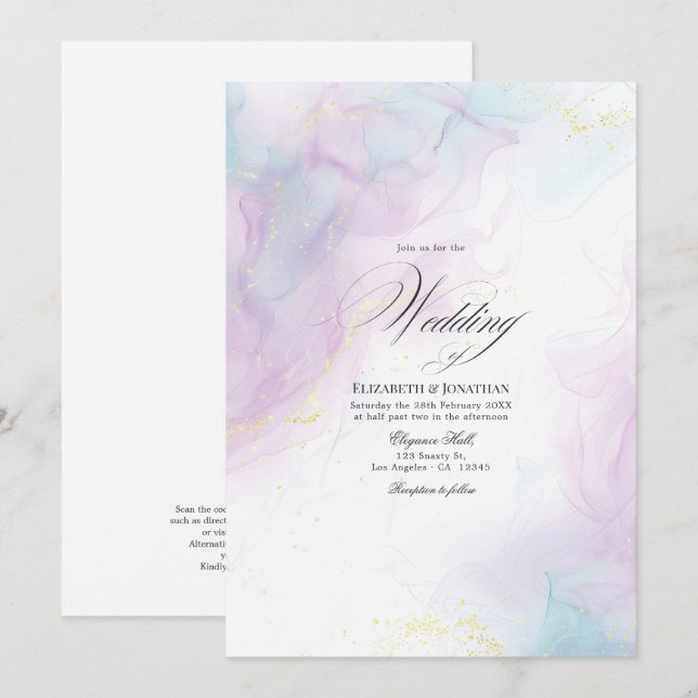 Invitation Mariage à l'encre d'alcool Bleu et Or Pastel Doux (Devant / Derrière)