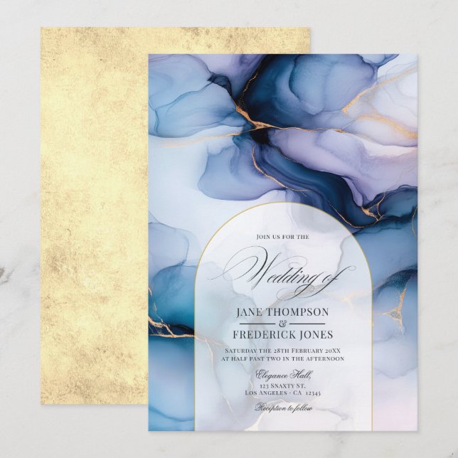 Invitation Mariage à l'encre d'alcool bleue marine et or (Devant / Derrière)